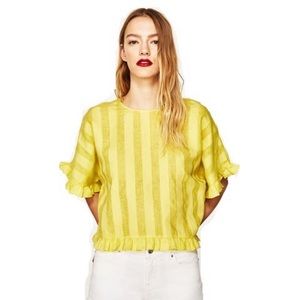 NEW | Zara Basic | Linen Stripe Boxy Ruffle Blouse Top